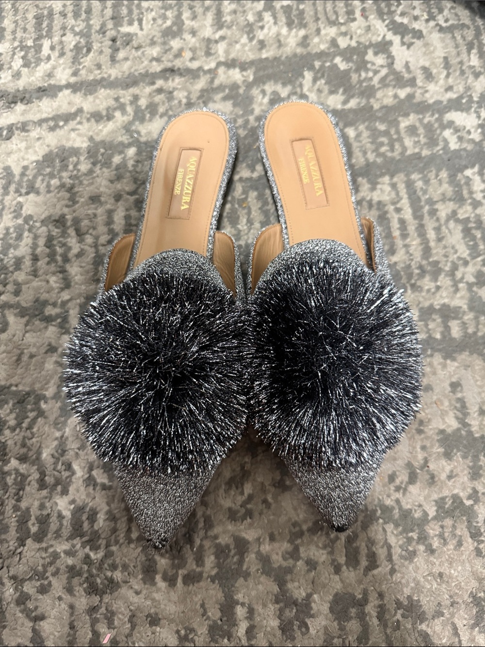 Aquazzura Silver Glitter Pointed Pom-Pom Mules